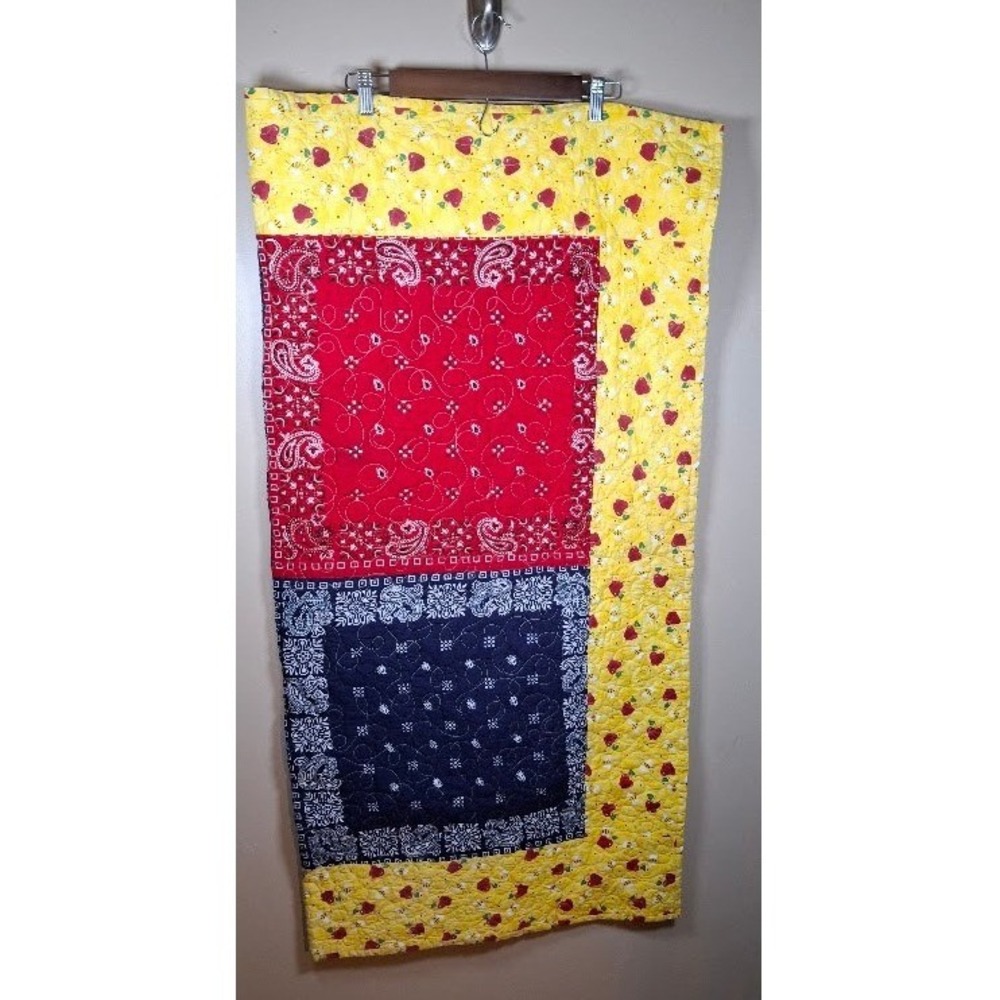 Handmade Patchwork Quilt Bandana Paisley Apple Bee Red Blue Yellow Farmhouse
